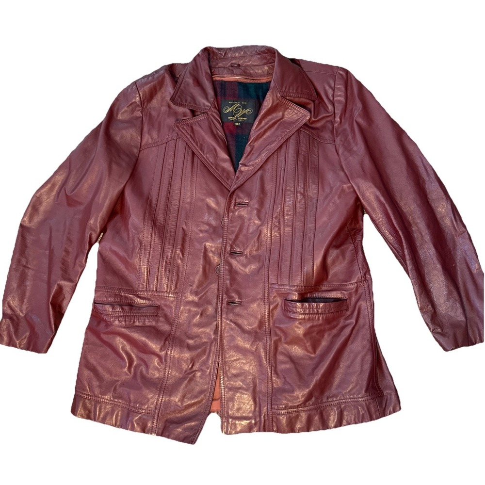 Vtg 70s Montgomery Ward Cowhide Grain Leather Jacket Men's 46T Blanket Lining‎